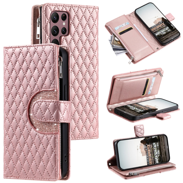 For Samsung Galaxy S25 Ultra 5G Glitter Lattice Zipper Wallet Leather Phone Case(Rose Gold) - Galaxy S25 Ultra 5G Cases by buy2fix | Online Shopping UK | buy2fix