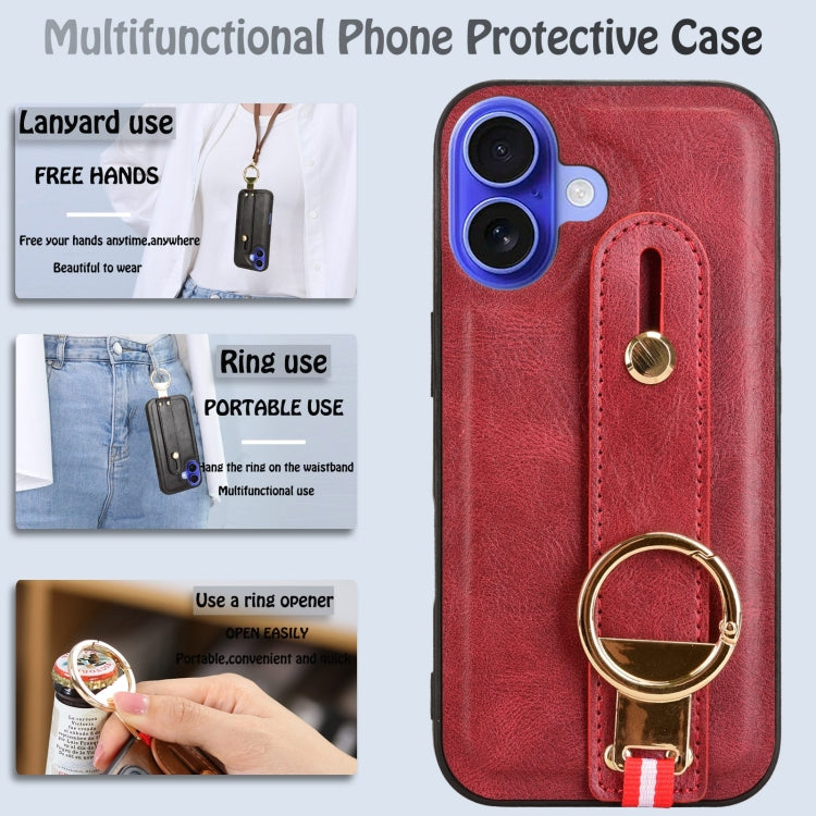 For iPhone 16 Plus Wristband Leather Back Phone Case(Red) - iPhone 16 Plus Cases by buy2fix | Online Shopping UK | buy2fix