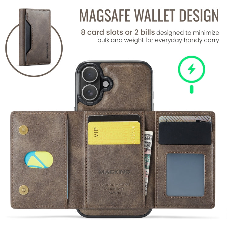 For iPhone 16 Plus DG.MING MAGKING-K2 Series MagSafe RFID Card Bag Detachable Phone Case(Coffee) - iPhone 16 Plus Cases by DG.MING | Online Shopping UK | buy2fix