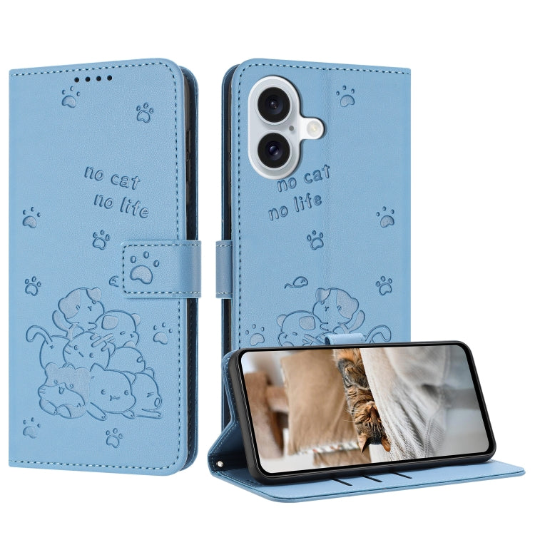 For iPhone 16 Plus Embossed Kitten Phone Leather Case with Lanyard(Blue) - iPhone 16 Plus Cases by buy2fix | Online Shopping UK | buy2fix