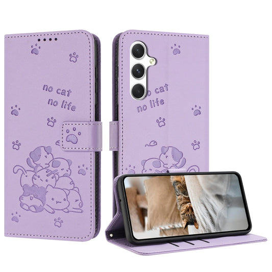 For Samsung Galaxy S25+ / S24+ 5G Embossed Kitten Phone Leather Case with Lanyard(Purple) - Galaxy S24+ 5G Cases by buy2fix | Online Shopping UK | buy2fix