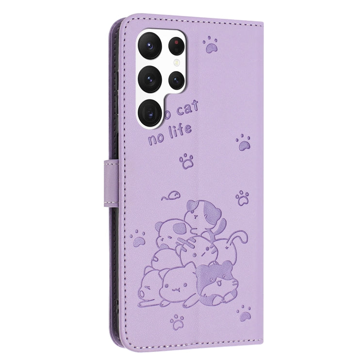 For Samsung Galaxy S25 Ultra 5G Embossed Kitten Phone Leather Case with Lanyard(Purple) - Galaxy S25 Ultra 5G Cases by buy2fix | Online Shopping UK | buy2fix