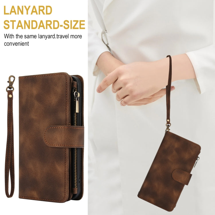 For iPhone 16 Dream 9-Card Zipper Wallet RFID Leather Phone Case with Lanyard(Brown) - iPhone 16 Cases by buy2fix | Online Shopping UK | buy2fix