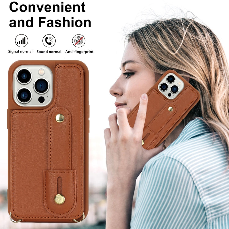 For iPhone 16 Pro Wristband Vertical Flip Wallet Back Cover Phone Case with Long Lanyard(Brown) - iPhone 16 Pro Cases by buy2fix | Online Shopping UK | buy2fix