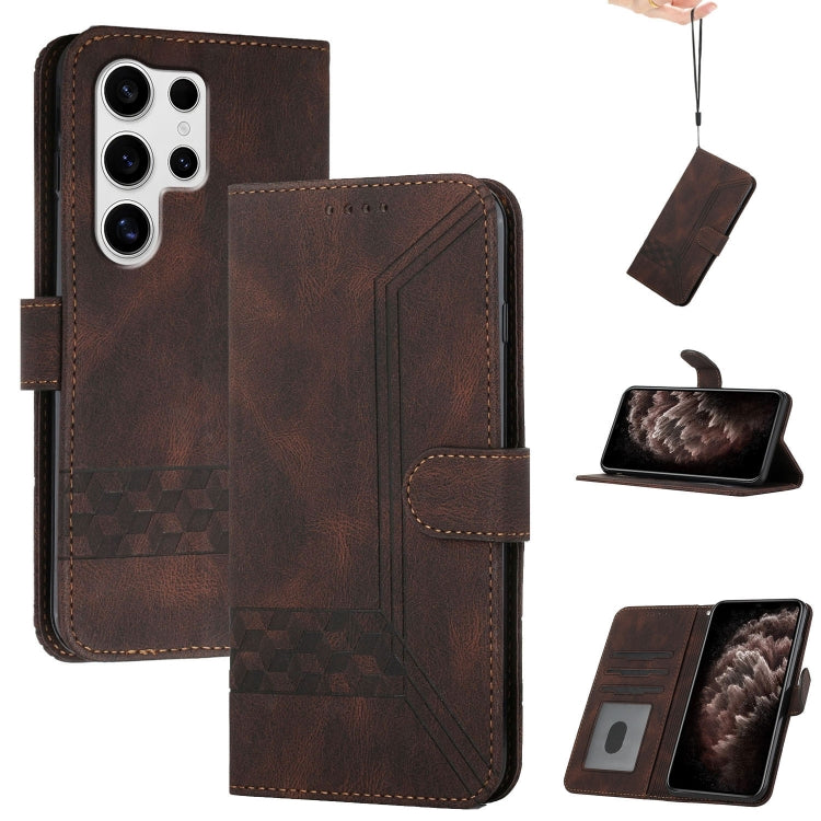 For Samsung Galaxy S25 Ultra 5G Cubic Skin Feel Flip Leather Phone Case(Brown) - Galaxy S25 Ultra 5G Cases by buy2fix | Online Shopping UK | buy2fix