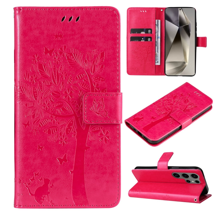 For Samsung Galaxy S25 Ultra 5G Tree & Cat Embossed Pattern Flip Leather Phone Case(Rose Red) - Galaxy S25 Ultra 5G Cases by buy2fix | Online Shopping UK | buy2fix