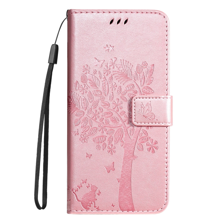 For Samsung Galaxy S25 Ultra 5G Tree & Cat Embossed Pattern Flip Leather Phone Case(Rose Gold) - Galaxy S25 Ultra 5G Cases by buy2fix | Online Shopping UK | buy2fix