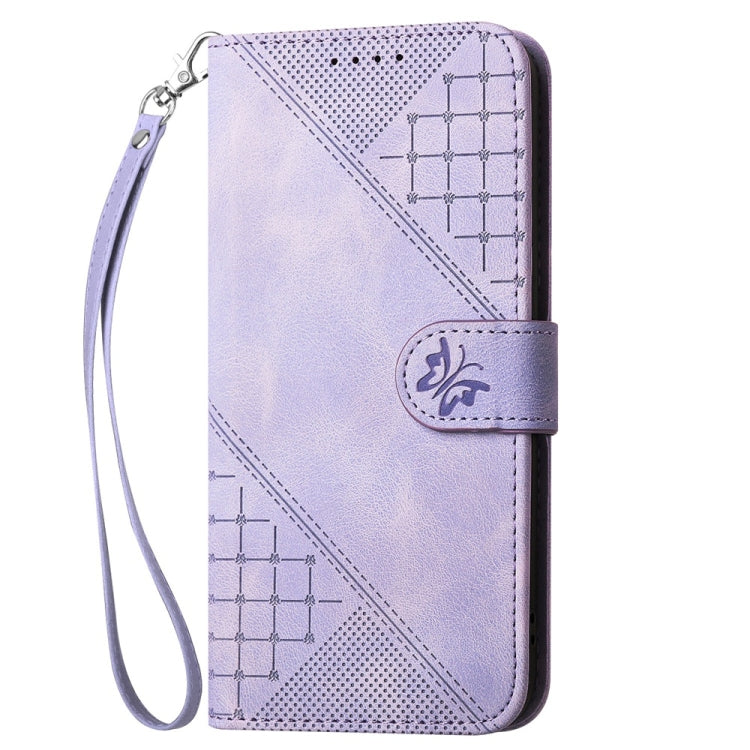 For Samsung Galaxy S25 5G YX0080 Grid Butterfly Embossed Pattern Flip Leather Phone Case with Lanyard(Light Purple) - Galaxy S25 5G Cases by buy2fix | Online Shopping UK | buy2fix