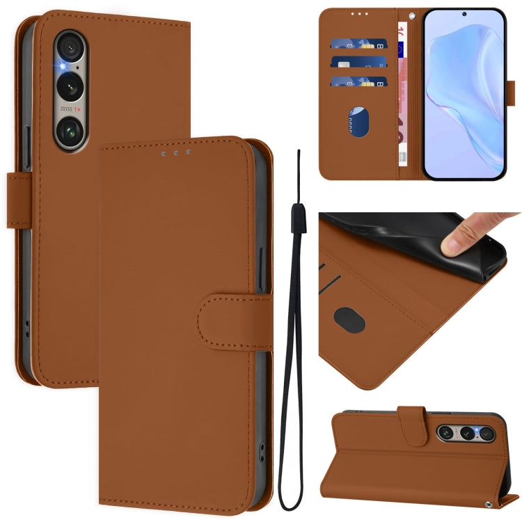 For Sony Xperia 1 VI 2024 Skin Feel Solid Color Leather Phone Case with Lanyard(Brown) - Sony Cases by buy2fix | Online Shopping UK | buy2fix