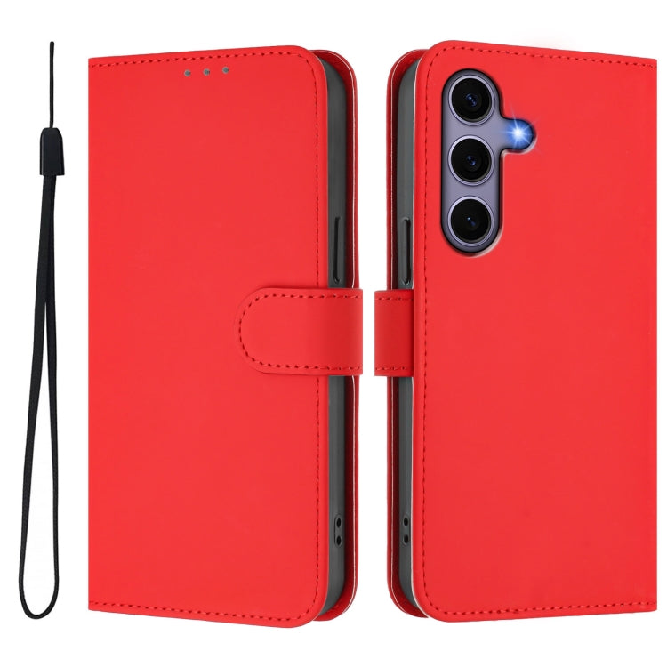 For Samsung Galaxy S25 5G Skin Feel Solid Color Leather Phone Case with Lanyard(Red) - Galaxy S25 5G Cases by buy2fix | Online Shopping UK | buy2fix