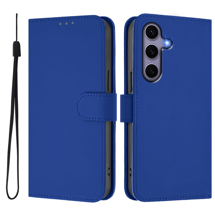 For Samsung Galaxy S25 5G Skin Feel Solid Color Leather Phone Case with Lanyard(Dark Blue) - Galaxy S25 5G Cases by buy2fix | Online Shopping UK | buy2fix