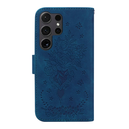 For Samsung Galaxy S25 Ultra 5G Butterfly Rose Embossed Leather Phone Case(Blue) - Galaxy S25 Ultra 5G Cases by buy2fix | Online Shopping UK | buy2fix