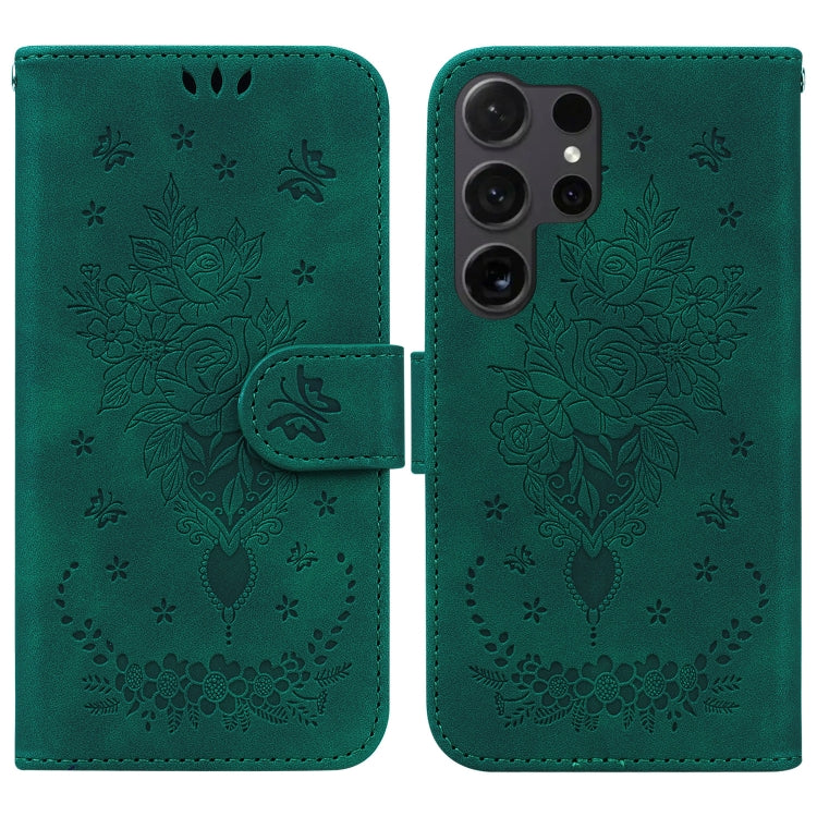 For Samsung Galaxy S25 Ultra 5G Butterfly Rose Embossed Leather Phone Case(Green) - Galaxy S25 Ultra 5G Cases by buy2fix | Online Shopping UK | buy2fix