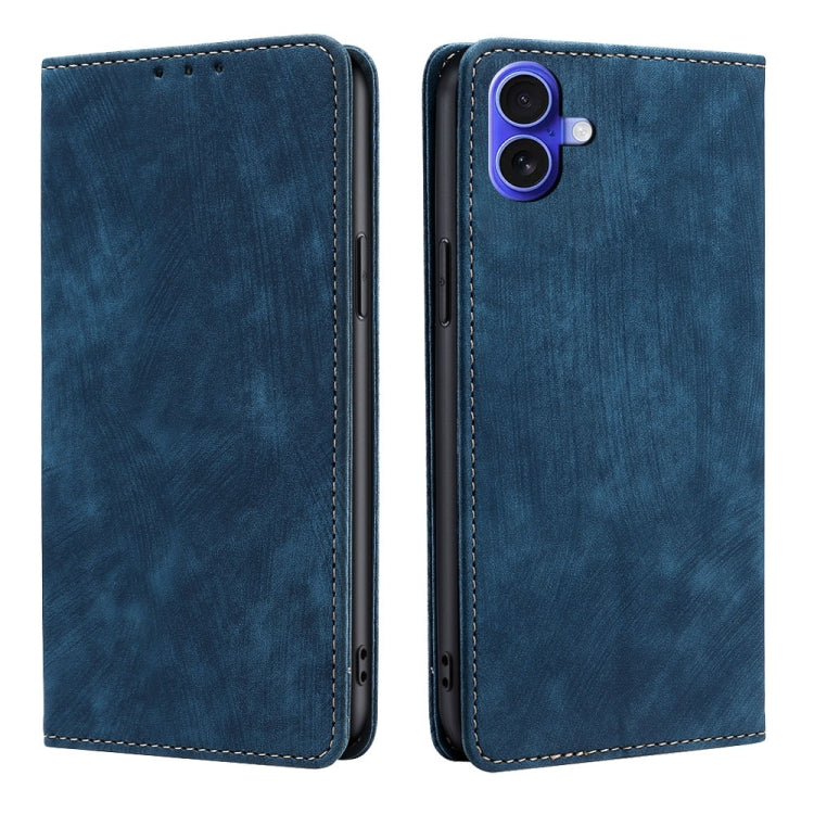 For iPhone 16 RFID Anti-theft Brush Magnetic Leather Phone Case(Blue) - iPhone 16 Cases by buy2fix | Online Shopping UK | buy2fix