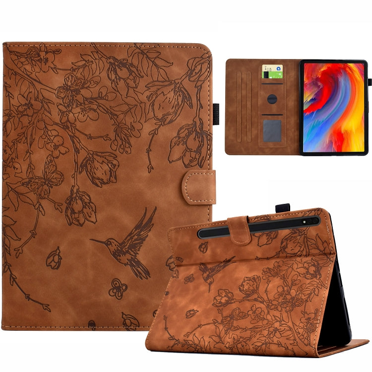 For Samsung Galaxy Tab S9 Flowers and Bird Embossed Smart Leather Tablet Case(Brown) - Galaxy Tab S9 Cases by buy2fix | Online Shopping UK | buy2fix