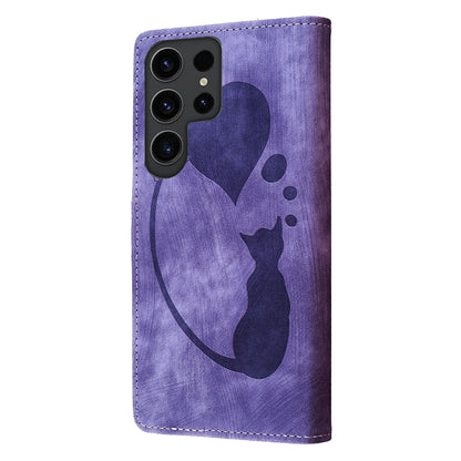 For Samsung Galaxy S25 Ultra 5G Pen Heart Cat Embossed Leather Phone Case(Purple) - Galaxy S25 Ultra 5G Cases by buy2fix | Online Shopping UK | buy2fix