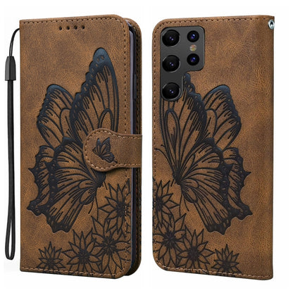 For Samsung Galaxy S25 Ultra 5G Retro Skin Feel Butterflies Embossing Horizontal Flip Leather Phone Case(Brown) - Galaxy S25 Ultra 5G Cases by buy2fix | Online Shopping UK | buy2fix