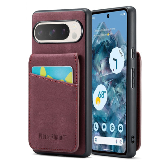 For Google Pixel 9 Pro XL Fierre Shann Crazy Horse Card Holder Back Cover PU Phone Case(Wine Red) - Google Cases by FIERRE SHANN | Online Shopping UK | buy2fix