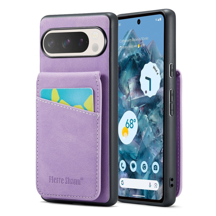 For Google Pixel 9 / 9 Pro Fierre Shann Crazy Horse Card Holder Back Cover PU Phone Case(Purple) - Google Cases by FIERRE SHANN | Online Shopping UK | buy2fix