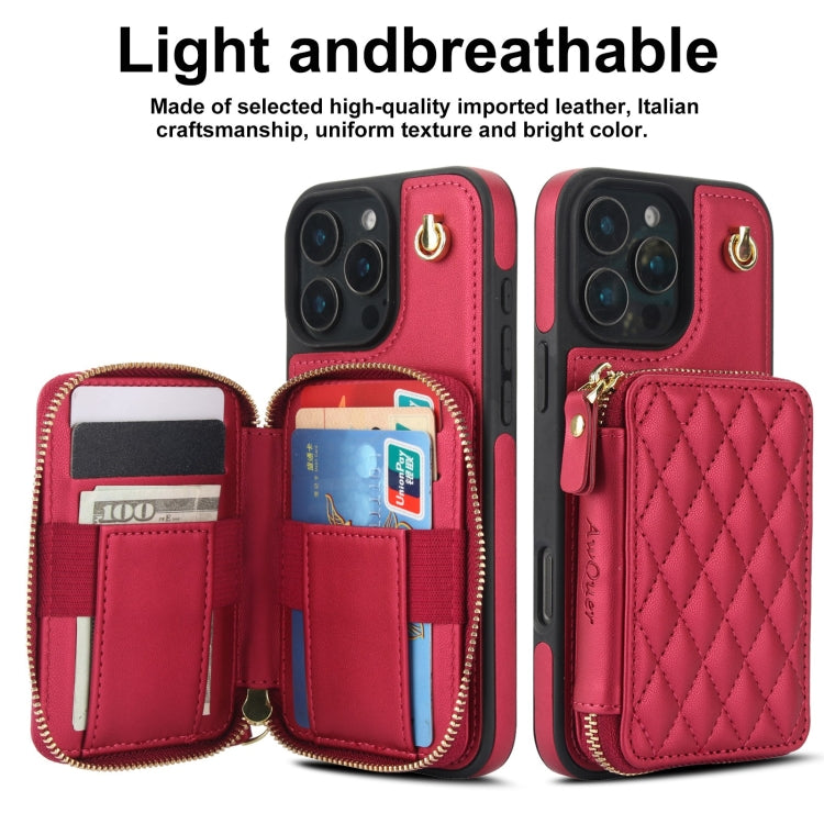 For iPhone 16 Pro Max AwQuer Crossbody Zipper Wallet Rhombic Leather Back Phone Case(Red) - iPhone 16 Pro Max Cases by Awquer | Online Shopping UK | buy2fix