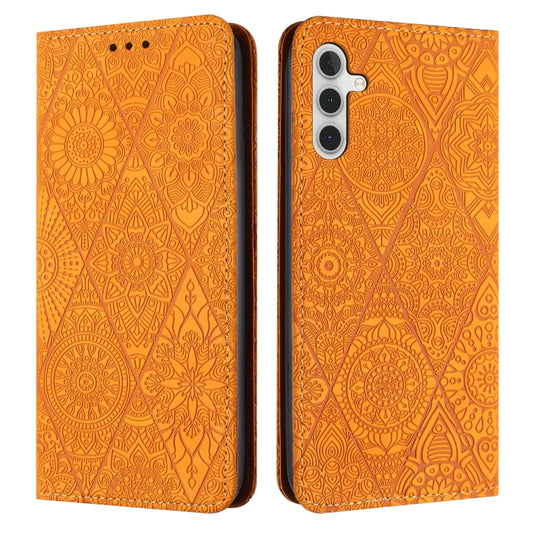 For Samsung Galaxy S25 5G Ethnic Embossed Adsorption Leather Phone Case(Yellow) - Galaxy S25 5G Cases by buy2fix | Online Shopping UK | buy2fix