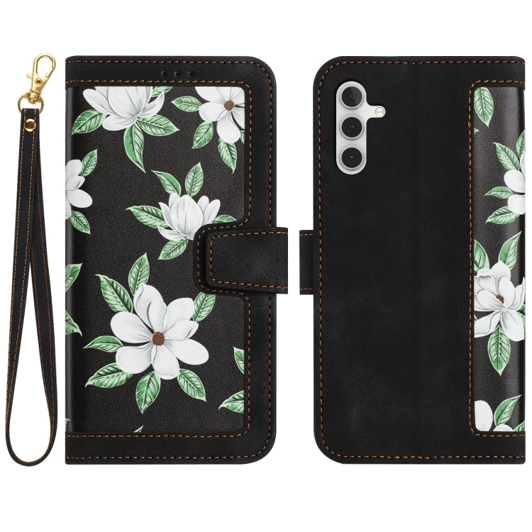 For Samsung Galaxy S25 5G Floral Pattern Leather Phone Case with Lanyard(Black) - Galaxy S25 5G Cases by buy2fix | Online Shopping UK | buy2fix