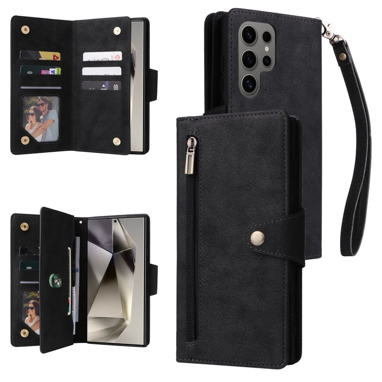 For Samsung Galaxy S25 Ultra 5G Rivet Buckle 9 Cards Three Fold Leather Phone Case(Black) - Galaxy S25 Ultra 5G Cases by buy2fix | Online Shopping UK | buy2fix