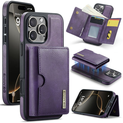 For iPhone 16 Pro DG.MING M6 Series RFID Tri-fold Card Bag Removable Leather Phone Case(Purple) - iPhone 16 Pro Cases by DG.MING | Online Shopping UK | buy2fix