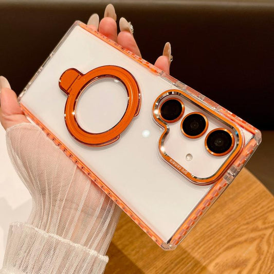 For Samsung Galaxy S25+ 5G Transparent MagSafe Holder Phone Case with Lens Film(Orange) - Galaxy S25+ 5G Cases by buy2fix | Online Shopping UK | buy2fix