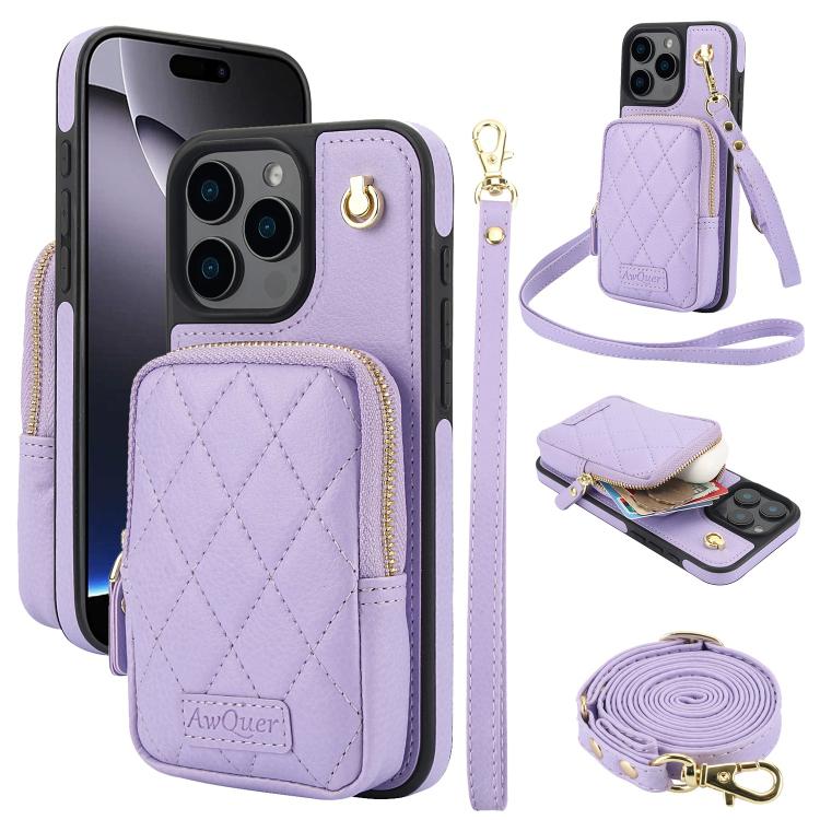 For iPhone 16 Pro Max AwQuer Crossbody Zipper Wallet Bag Litchi Leather Phone Case(Light Purple) - iPhone 16 Pro Max Cases by Awquer | Online Shopping UK | buy2fix