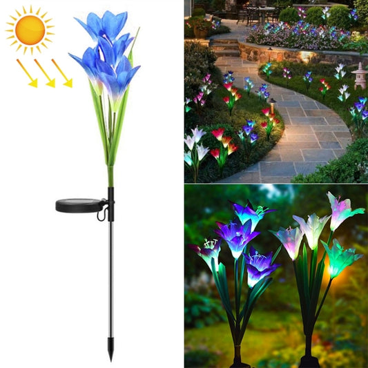 Simulated Lily Flower 4 Heads Solar Powered Outdoor IP55 Waterproof LED Decorative Lawn Lamp, Colorful Light (Blue) - Solar Lights by buy2fix | Online Shopping UK | buy2fix