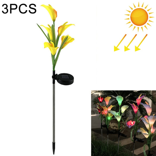 3PCS Simulated Calla Lily Flower 5 Heads Solar Powered Outdoor IP65 Waterproof LED Decorative Lawn Lamp, Colorful Light(Yellow) - Solar Lights by buy2fix | Online Shopping UK | buy2fix