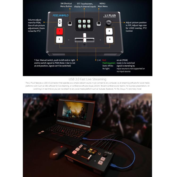 FEELWORLD L1 PLUS Multi-camera Video Mixer Switcher Touch Screen PTZ Control USB3.0 Fast Streaming Switcher (EU Plug) - Live Sound Effects Processors by FEELWORLD | Online Shopping UK | buy2fix