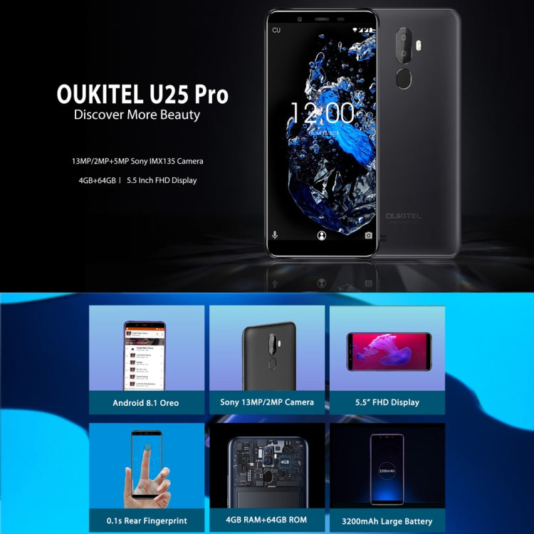 OUKITEL U25 Pro, 4GB+64GB, Dual Back Cameras, Fingerprint Identification, 5.5 inch Android 8.1 MTK6750T Octa Core up to 1.5GHz, Network: 4G, Dual SIM, OTG, OTA(Twilight) - OUKITEL by OUKITEL | Online Shopping UK | buy2fix