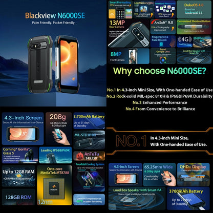 [HK Warehouse] Blackview N6000SE, IP68/IP69K/MIL-STD-810H, 4GB+128GB, 4.3 inch Android 13 MediaTek MT8788 Octa Core, Network: 4G, OTG, NFC (Black) - Blackview by Blackview | Online Shopping UK | buy2fix