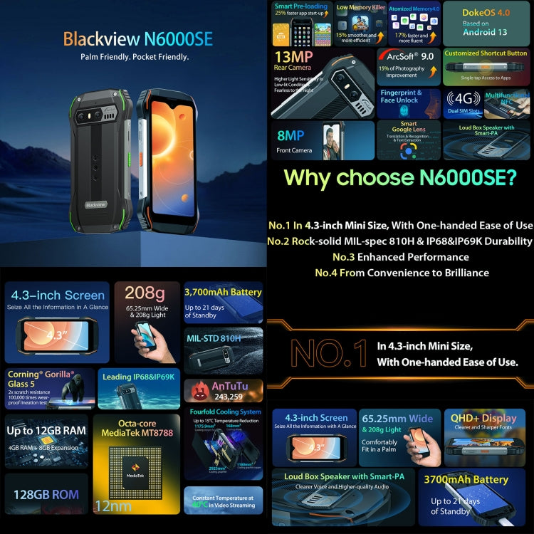 [HK Warehouse] Blackview N6000SE, IP68/IP69K/MIL-STD-810H, 4GB+128GB, 4.3 inch Android 13 MediaTek MT8788 Octa Core, Network: 4G, OTG, NFC (Orange) - Blackview by Blackview | Online Shopping UK | buy2fix