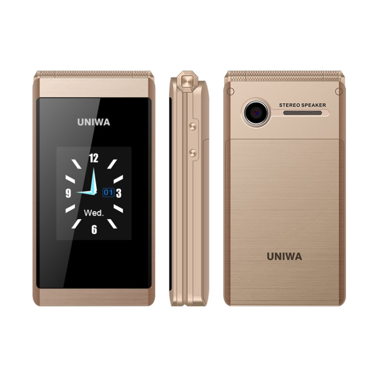 UNIWA X28 Dual-screen Flip Phone, 2.8 inch + 1.77 inch, MT6261D, Support Bluetooth, FM, SOS, GSM, Dual SIM(Gold) - UNIWA by UNIWA | Online Shopping UK | buy2fix