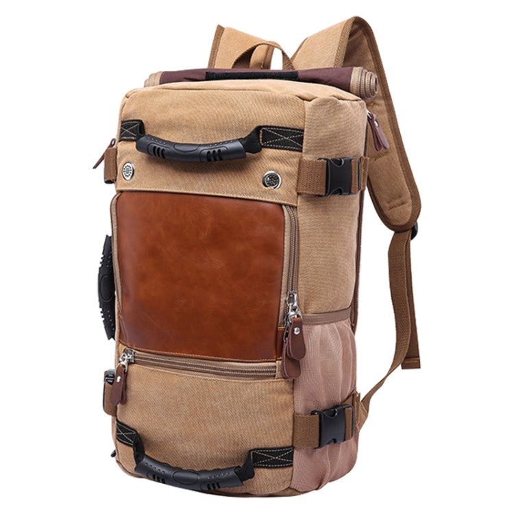 KAKA 0208 Men Canvas Stitched Leather Backpack, Size: 48 x 30 x 18cm (Khaki) - Backpacks by buy2fix | Online Shopping UK | buy2fix