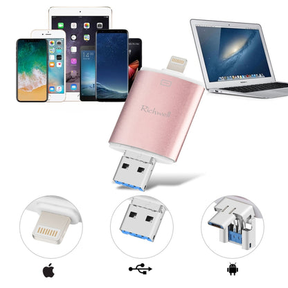 Richwell 3 in 1 32G Type-C + 8 Pin + USB 3.0 Metal Double Cover Push-pull Flash Disk with OTG Function(Rose Gold) - U Disk & Card Reader by Richwell | Online Shopping UK | buy2fix