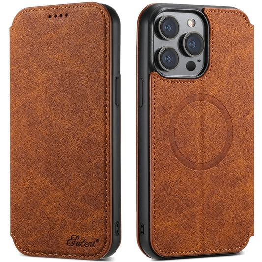 For iPhone 13 Suteni J06 Retro Matte Litchi Texture Leather Magnetic Magsafe Phone Case(Khaki) - iPhone 13 Cases by Suteni | Online Shopping UK | buy2fix