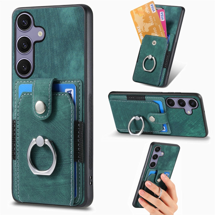 For Samsung Galaxy S25 5G Retro Skin-feel Ring Card Wallet Phone Case(Green) - Galaxy S25 5G Cases by buy2fix | Online Shopping UK | buy2fix