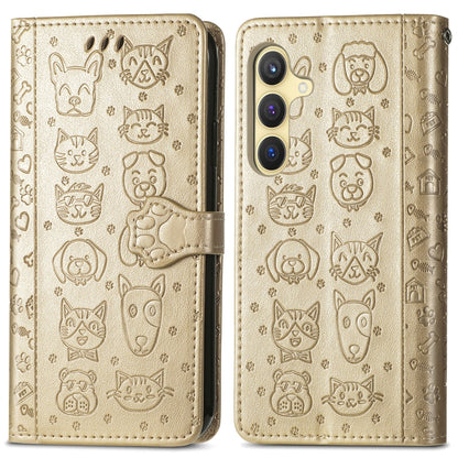 For Samsung Galaxy S24 5G Cat and Dog Embossed Leather Phone Case(Gold) - Galaxy S24 5G Cases by buy2fix | Online Shopping UK | buy2fix