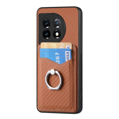 For OnePlus 11 Carbon Fiber Card Wallet Ring Holder Phone Case(Brown) - OnePlus Cases by buy2fix | Online Shopping UK | buy2fix