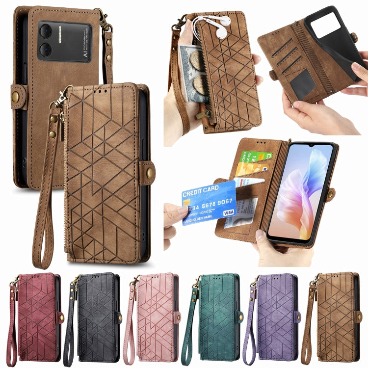 For DOOGEE X98 Pro / X98 Geometric Zipper Wallet Side Buckle Leather Phone Case(Brown) - Doogee Cases by buy2fix | Online Shopping UK | buy2fix