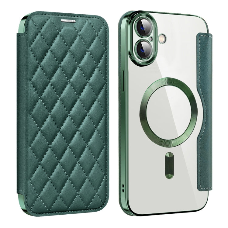 For iPhone 16 Plus Shield Magsafe RFID Anti-theft Rhombus Leather Phone Case(Green) - iPhone 16 Plus Cases by buy2fix | Online Shopping UK | buy2fix