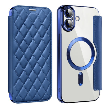 For iPhone 16 Plus Shield Magsafe RFID Anti-theft Rhombus Leather Phone Case(Dark Blue) - iPhone 16 Plus Cases by buy2fix | Online Shopping UK | buy2fix