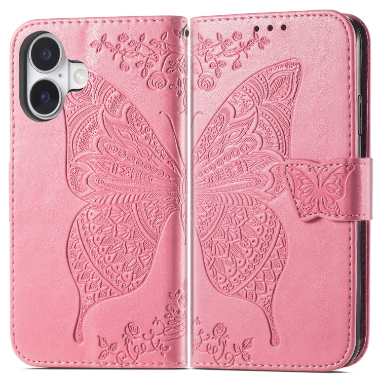 For iPhone 16 Butterfly Love Flower Embossed Leather Phone Case(Pink) - iPhone 16 Cases by buy2fix | Online Shopping UK | buy2fix