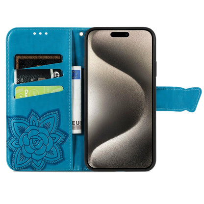 For iPhone 16 Pro Max Butterfly Love Flower Embossed Leather Phone Case(Blue) - iPhone 16 Pro Max Cases by buy2fix | Online Shopping UK | buy2fix