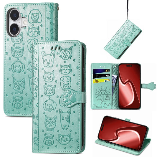 For iPhone 16 Cat and Dog Embossed Leather Phone Case(Green) - iPhone 16 Cases by buy2fix | Online Shopping UK | buy2fix