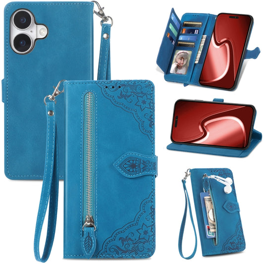 For iPhone 16 Plus Embossed Flower Zipper Leather Phone Case(Blue) - iPhone 16 Plus Cases by buy2fix | Online Shopping UK | buy2fix